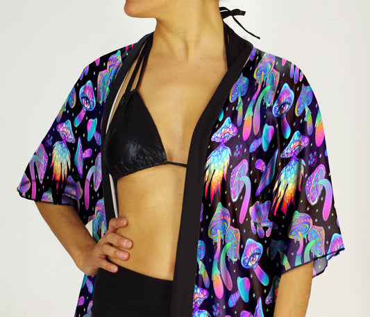 Trippy Mushrooms Festival Kimono-Style Draped Jacket