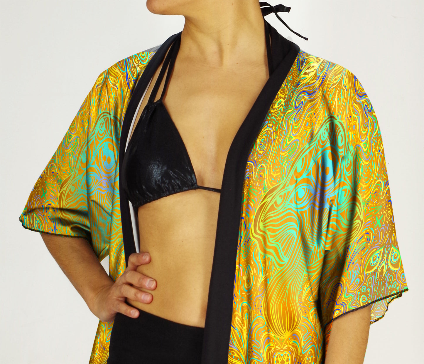 Festival Kimono-Style Draped Jacket in Mustard Yellow Mushroom Print