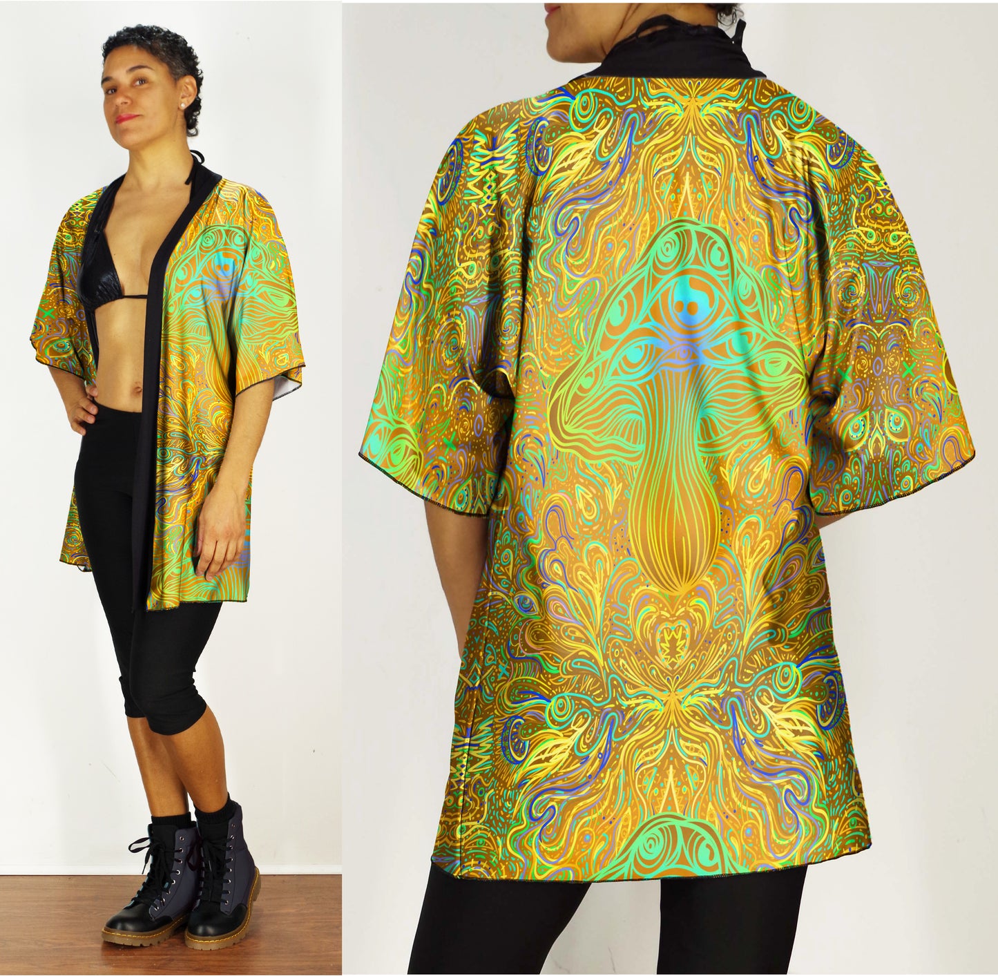 Festival Kimono-Style Draped Jacket in Mustard Yellow Mushroom Print