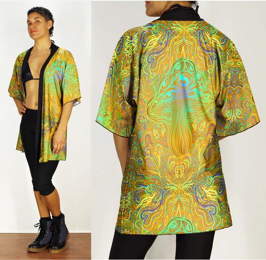 Festival Kimono-Style Draped Jacket in Mustard Yellow Mushroom Print