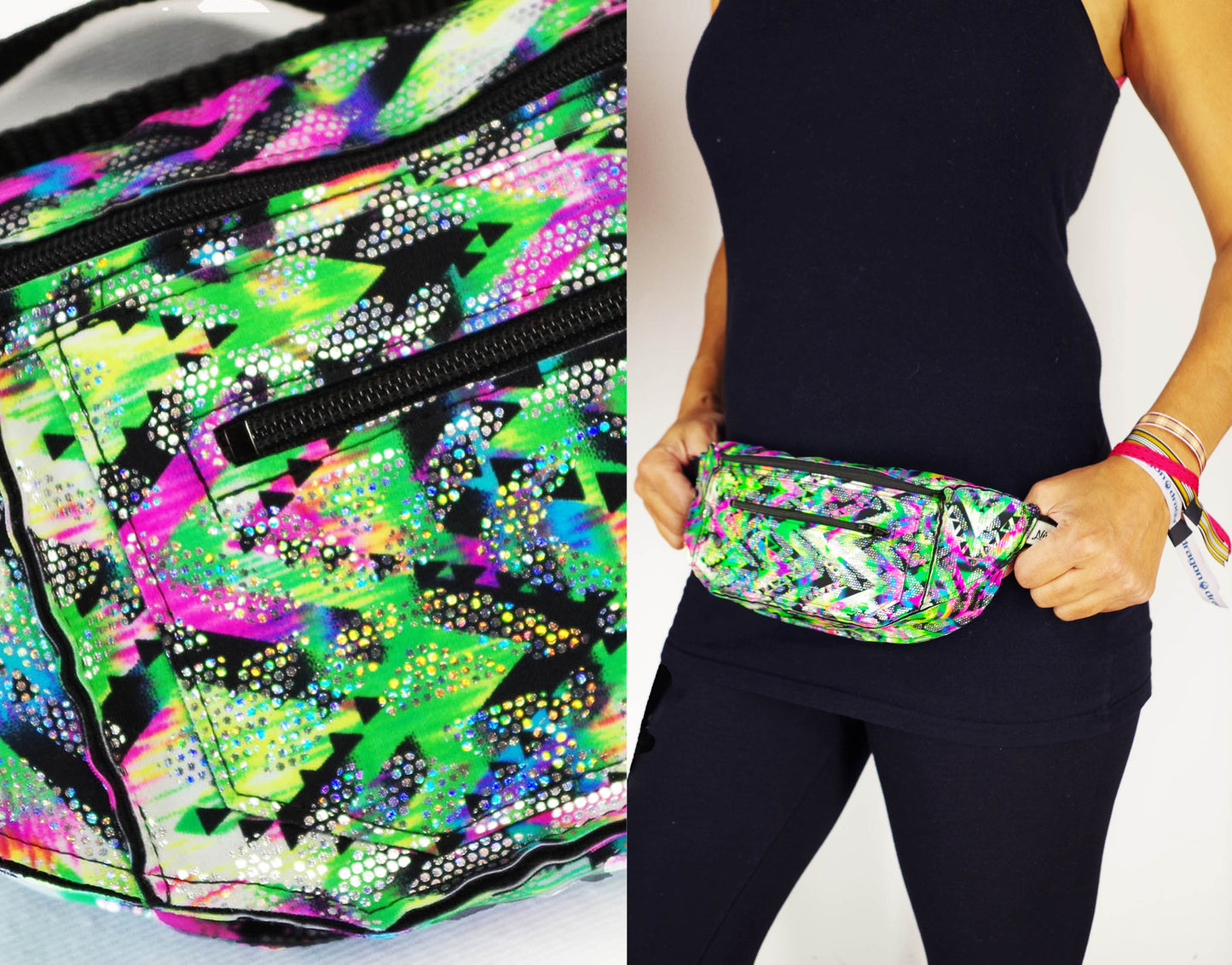 Festival Fanny Pack in Neon Green and Hot Pink Zigzag