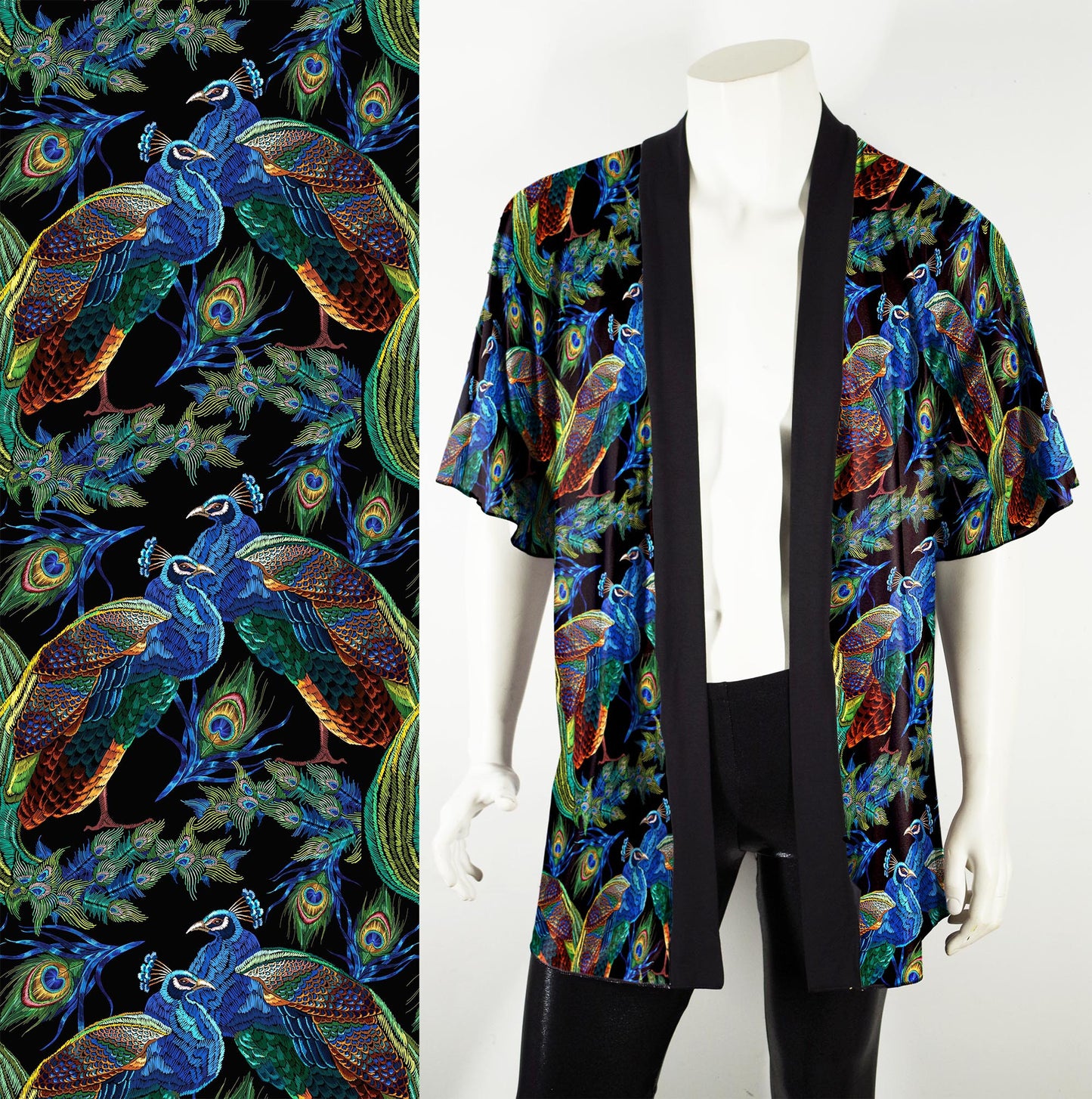 Festival Kimono-Style Draped Jacket in Peacock Print