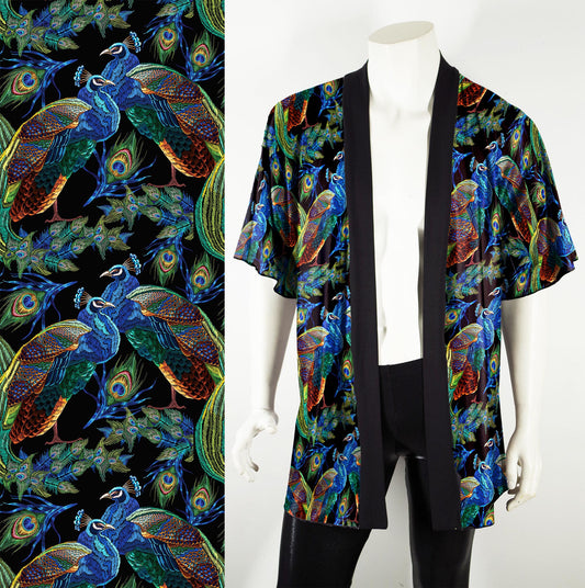 Festival Kimono-Style Draped Jacket in Peacock Print
