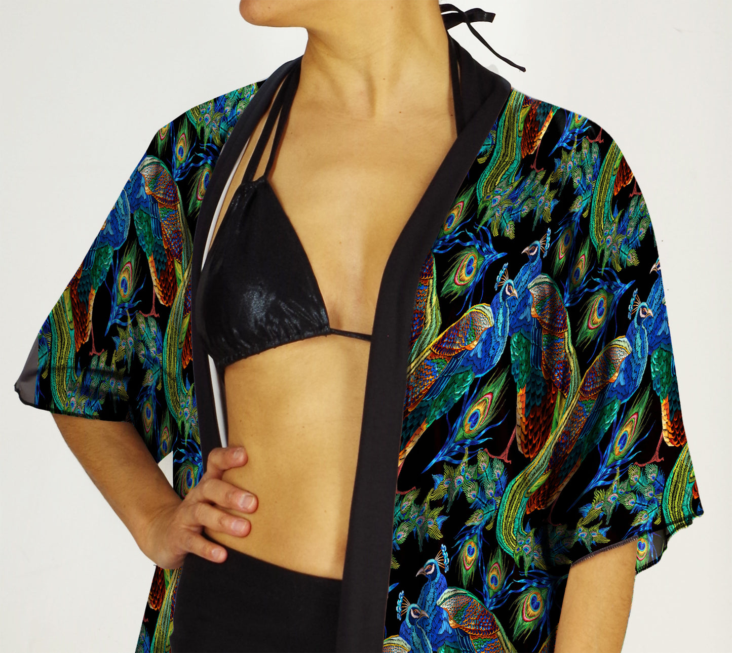 Festival Kimono-Style Draped Jacket in Peacock Print