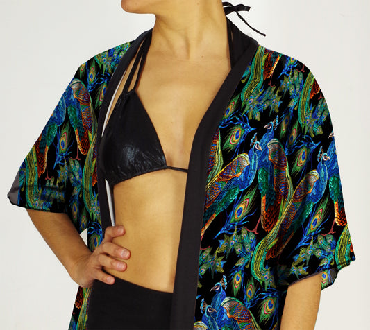 Festival Kimono-Style Draped Jacket in Peacock Print