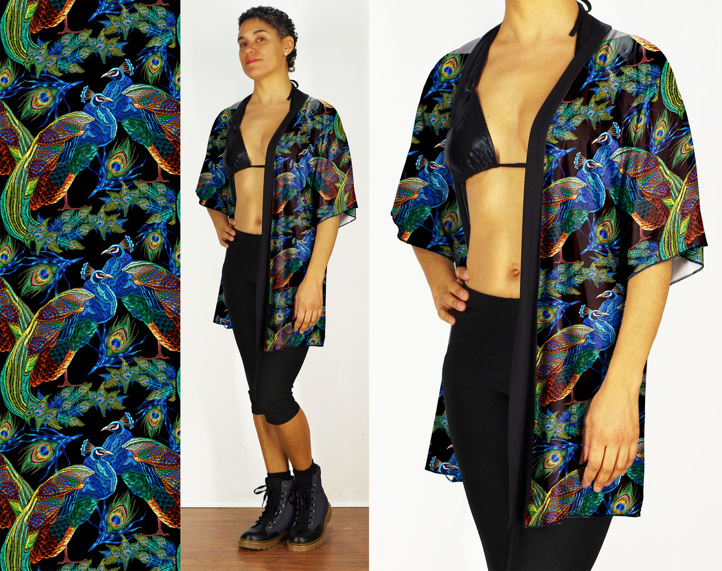 Festival Kimono-Style Draped Jacket in Peacock Print