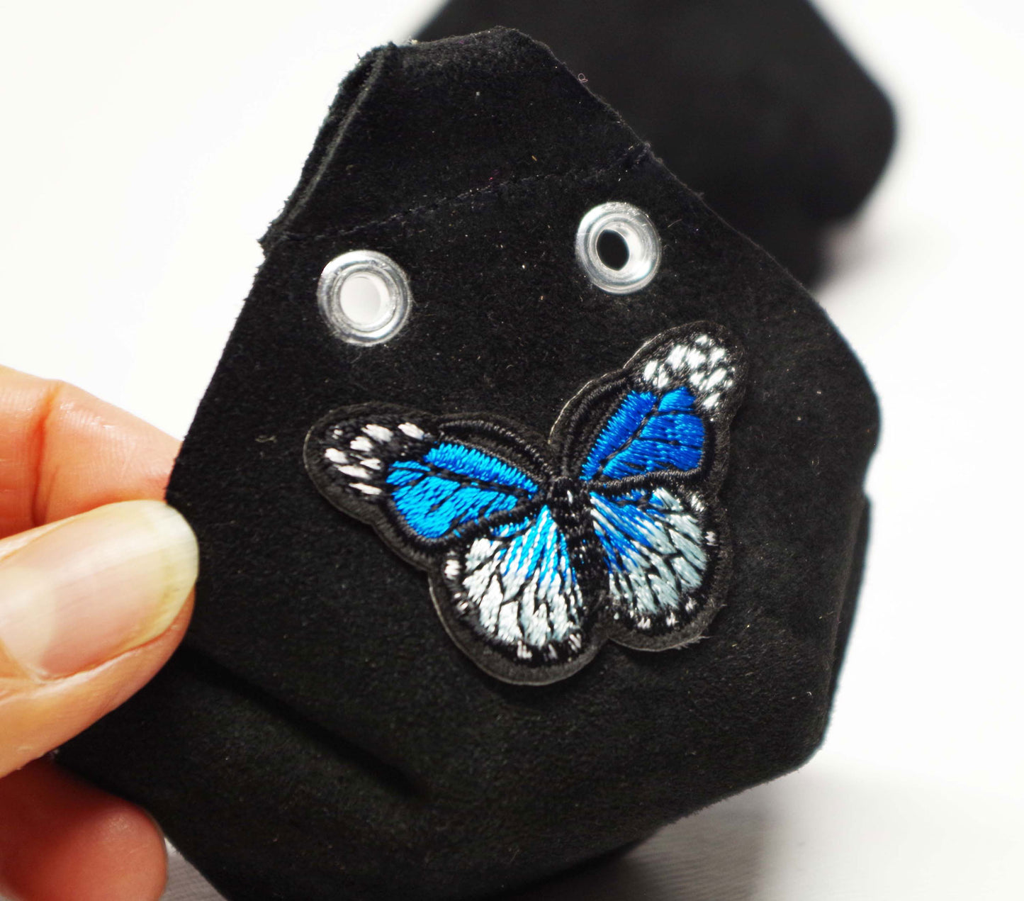 Durable Suede Toe Caps Black with Pool Blue Butterfly