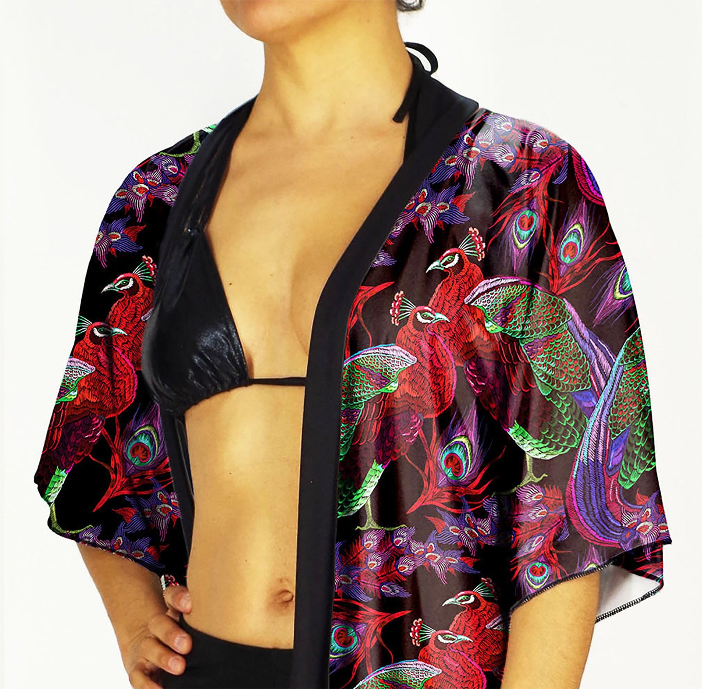 Festival Kimono-Style Draped Jacket with Red Peacock Print
