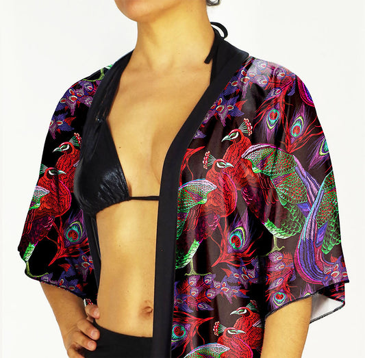 Festival Kimono-Style Draped Jacket with Red Peacock Print
