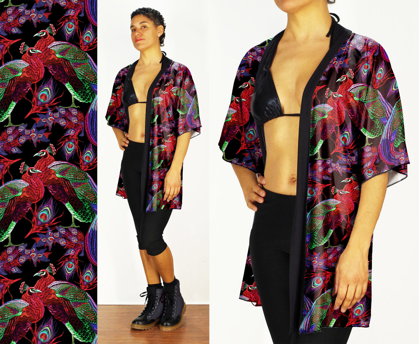 Festival Kimono-Style Draped Jacket with Red Peacock Print