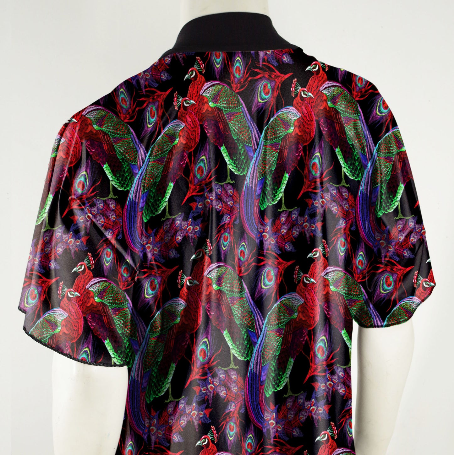 Festival Kimono-Style Draped Jacket with Red Peacock Print