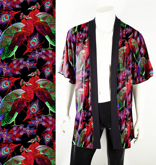 Festival Kimono-Style Draped Jacket with Red Peacock Print
