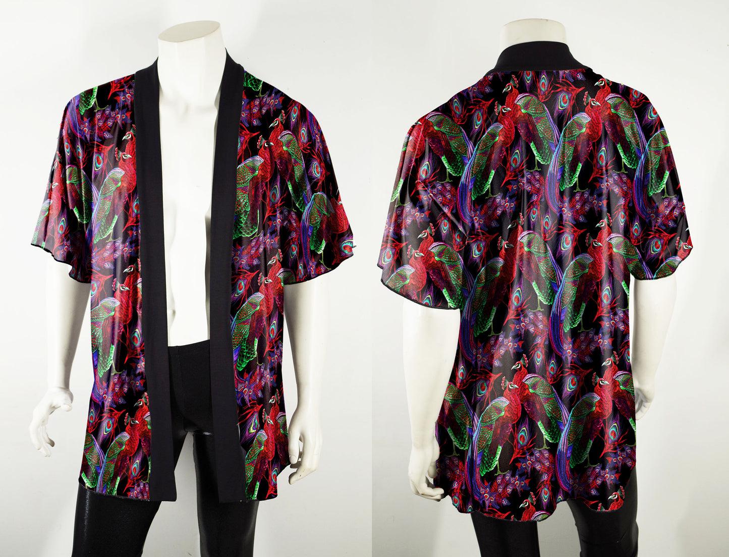 Festival Kimono-Style Draped Jacket with Red Peacock Print