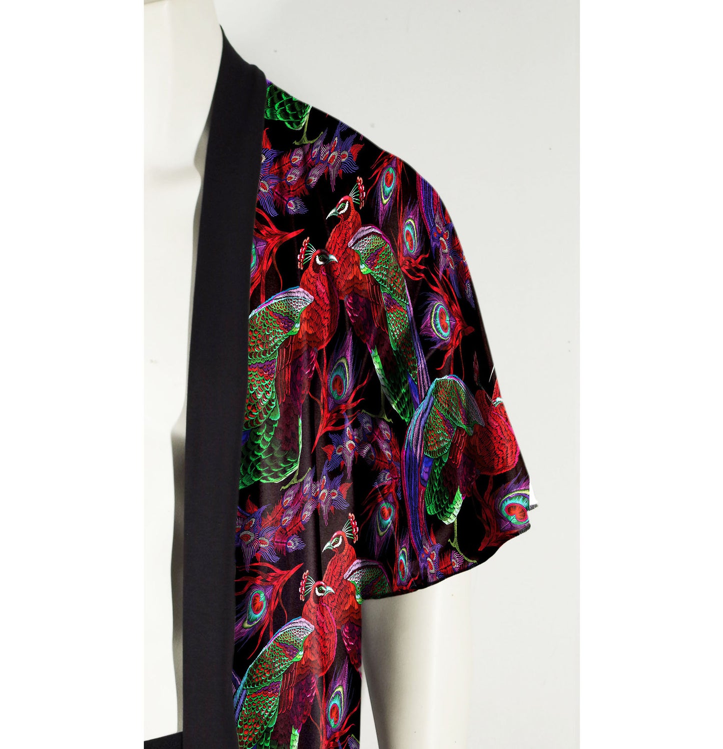 Festival Kimono-Style Draped Jacket with Red Peacock Print