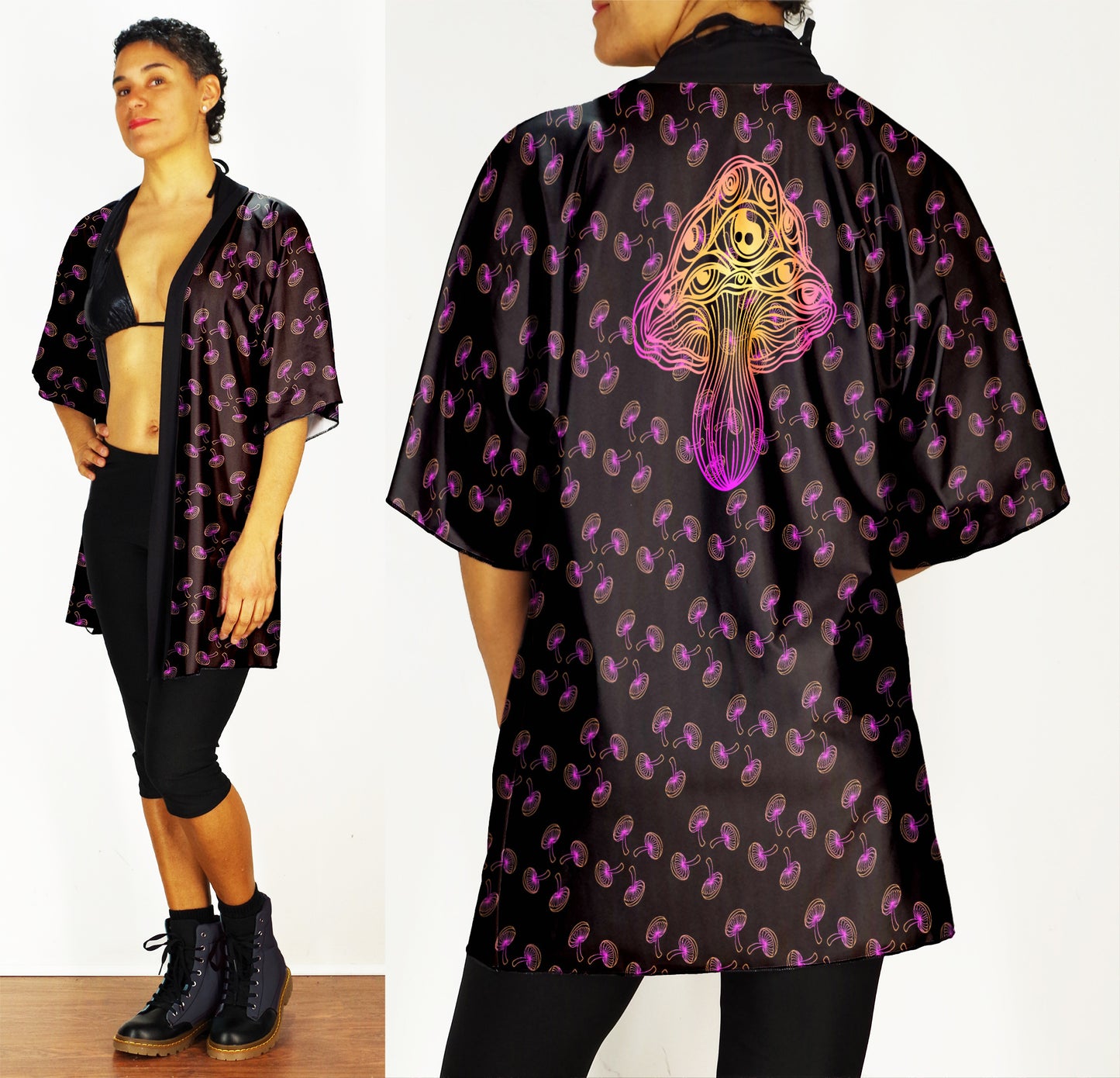 Festival Kimono-Style Draped Jacket with Sunrise Mushroom Back Print