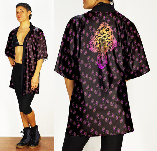 Festival Kimono-Style Draped Jacket with Sunrise Mushroom Back Print