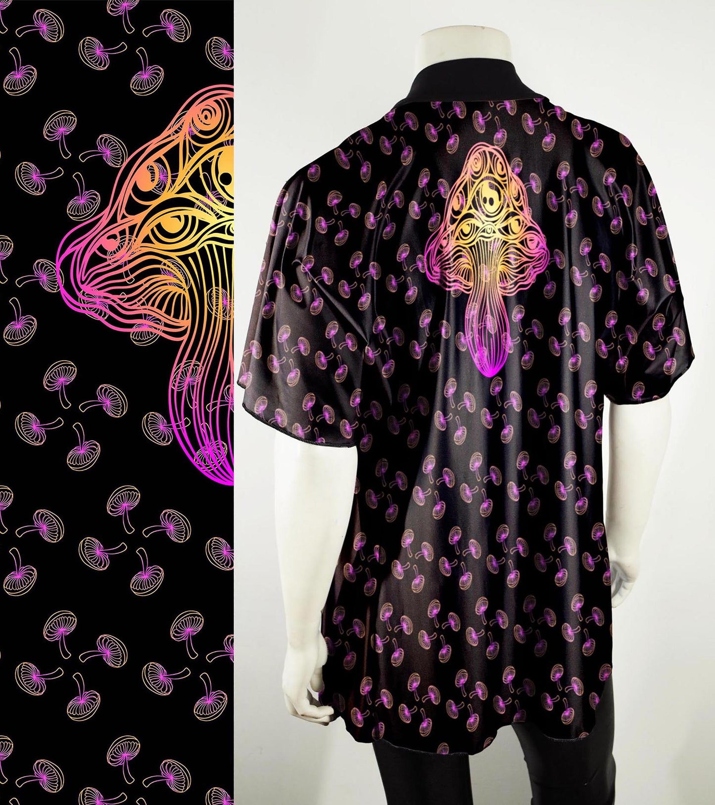 Festival Kimono-Style Draped Jacket with Sunrise Mushroom Back Print