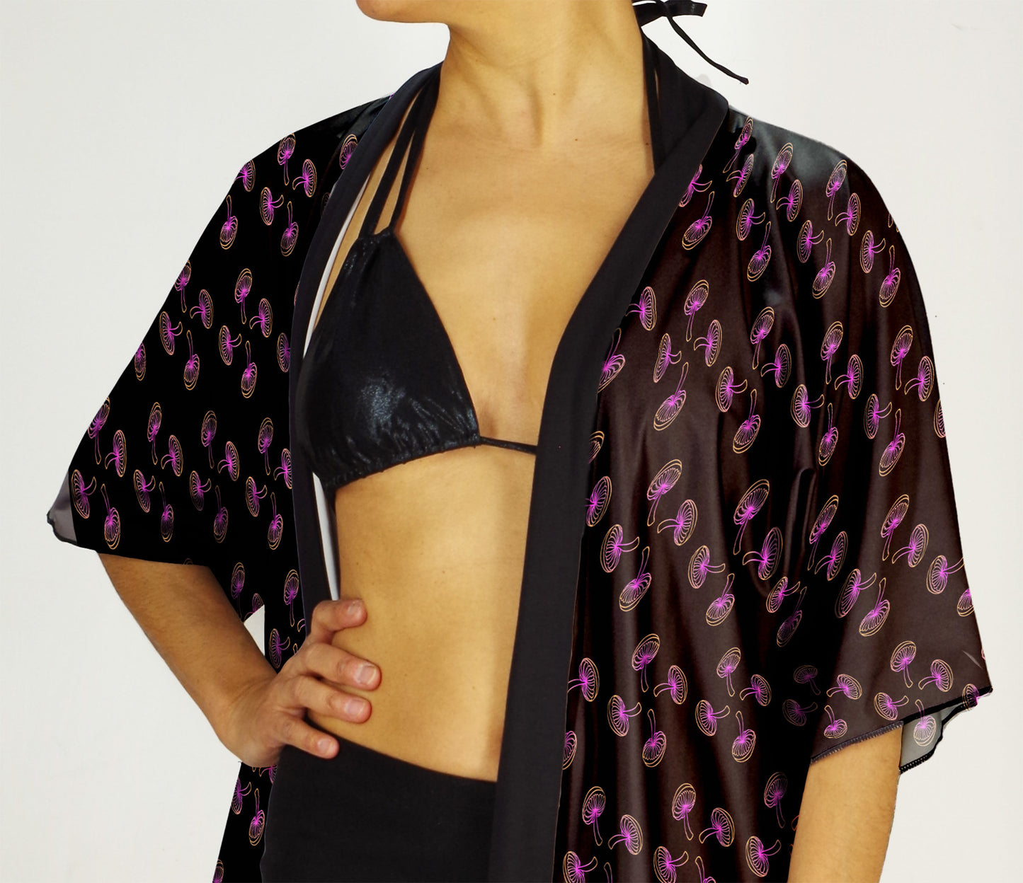 Festival Kimono-Style Draped Jacket with Sunrise Mushroom Back Print