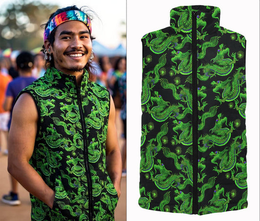 Puffer Vest Men's in Green Dragons Print