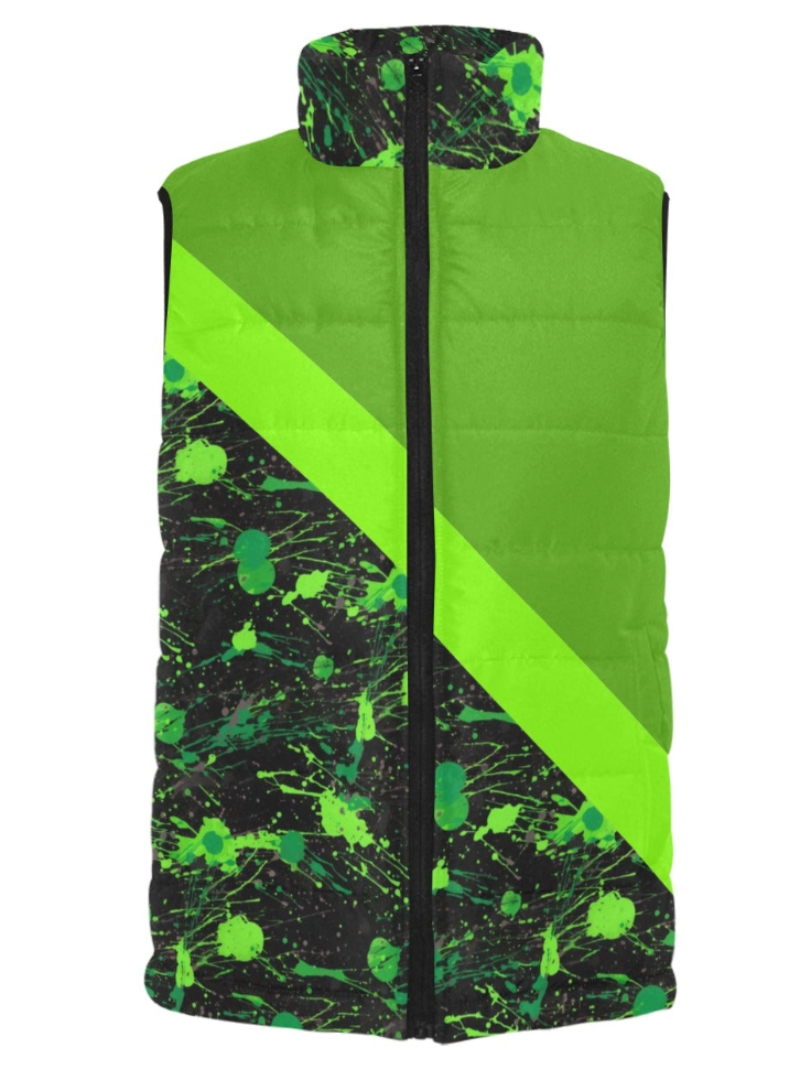 Puffer Vest Mens in Retro Ski Style Neon Green Diagonal Splatter