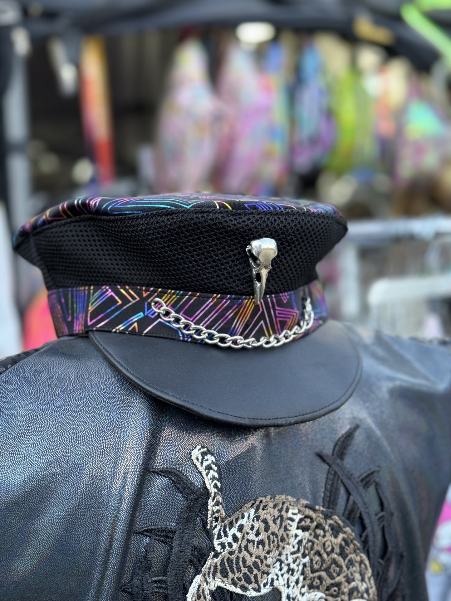 Chain Muir Cap or Soft Captain's Hat with Bird Skull for Festivals and Raves