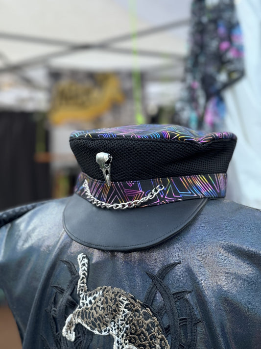 Chain Muir Cap or Soft Captain's Hat with Bird Skull for Festivals and Raves