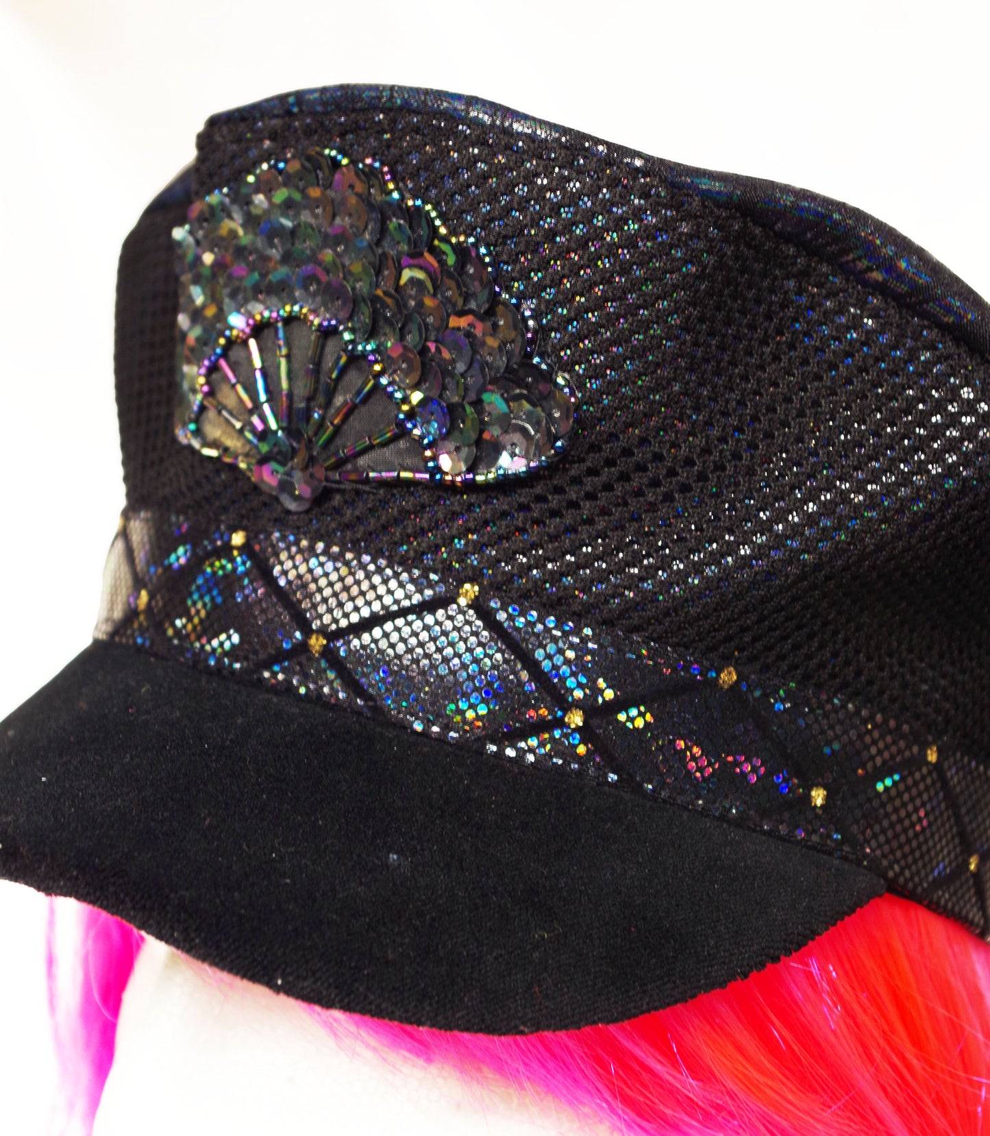 Black Iridescent Hand Fan Soft Captain's Hat