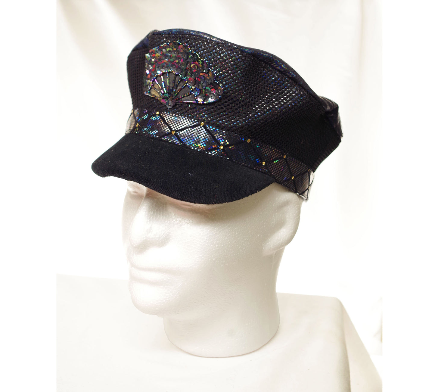 Black Iridescent Hand Fan Soft Captain's Hat