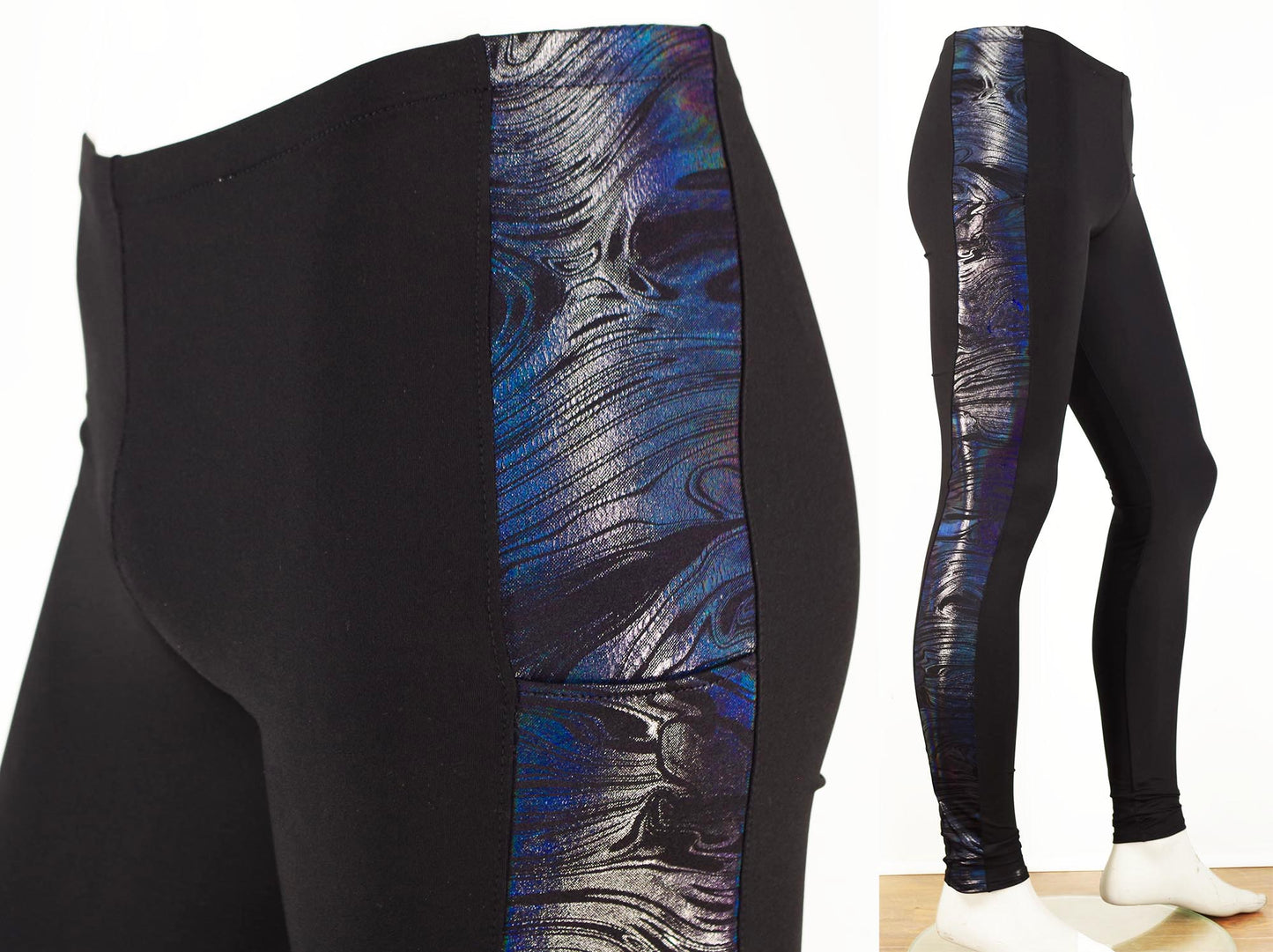 Meggings or Mens Running Tights with Iridescent Black Strip and Phone Pocket