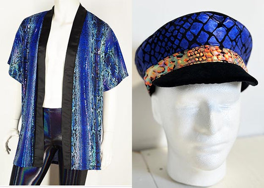 Handmade Shiny Blue Kimono with Soft Captain's Hat for Festivals and Raves