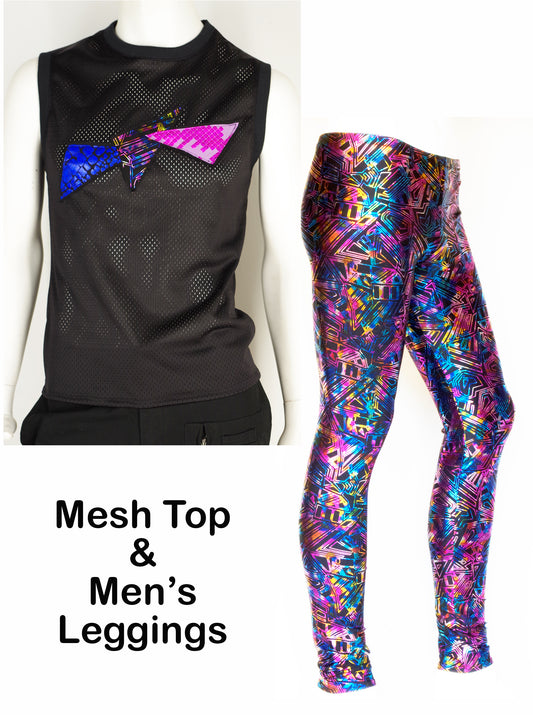 Festival Mens Outfit Meggings and Mesh Top Geometric