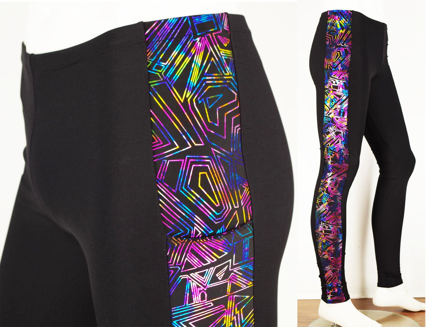 Meggings or Mens Running Tights with Geometric Metallic Strip and Phone Pocket