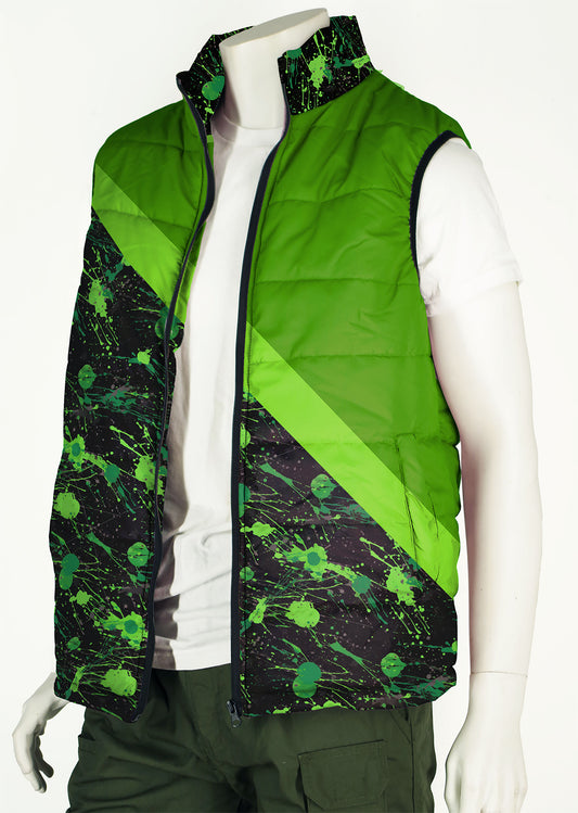 Puffer Vest Mens in Retro Ski Style Neon Green Diagonal Splatter