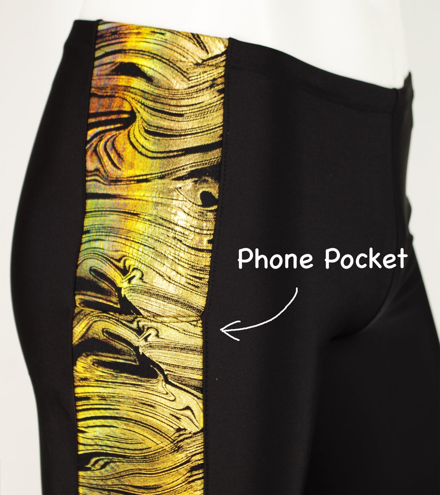 Meggings or Mens Running Tights with Reflective Gold Strip and Phone Pocket