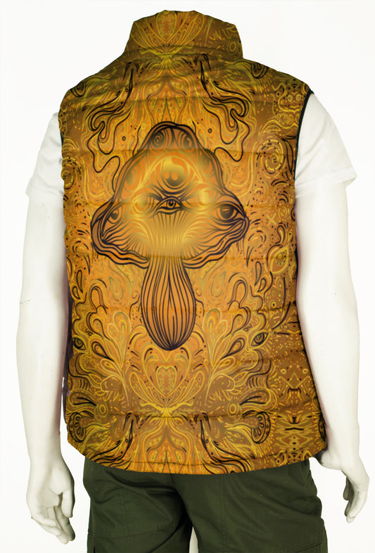Quilted Vest Mens with Mustard Trippy Mushroom Print