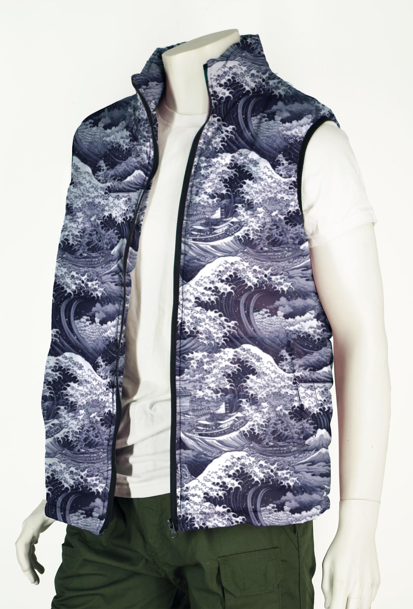 Puffer Vest Mens with Great Wave Toile De Jouy Print