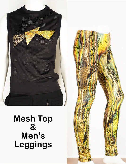 Festival Mens Outfit Meggings and Mesh Top Gold