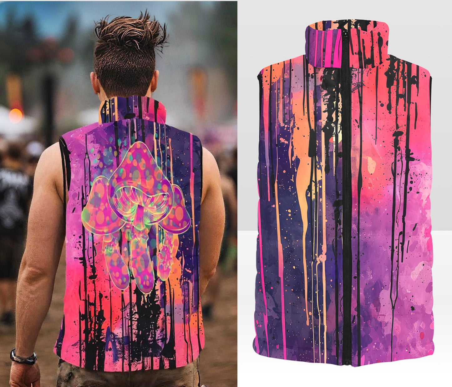 Festival or Rave Trippy Drippy Mushroom Print Puffer Vest