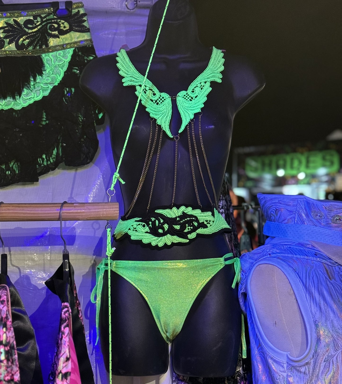 UV Reactive Neon Green Embroidered Festival Body Jewelry