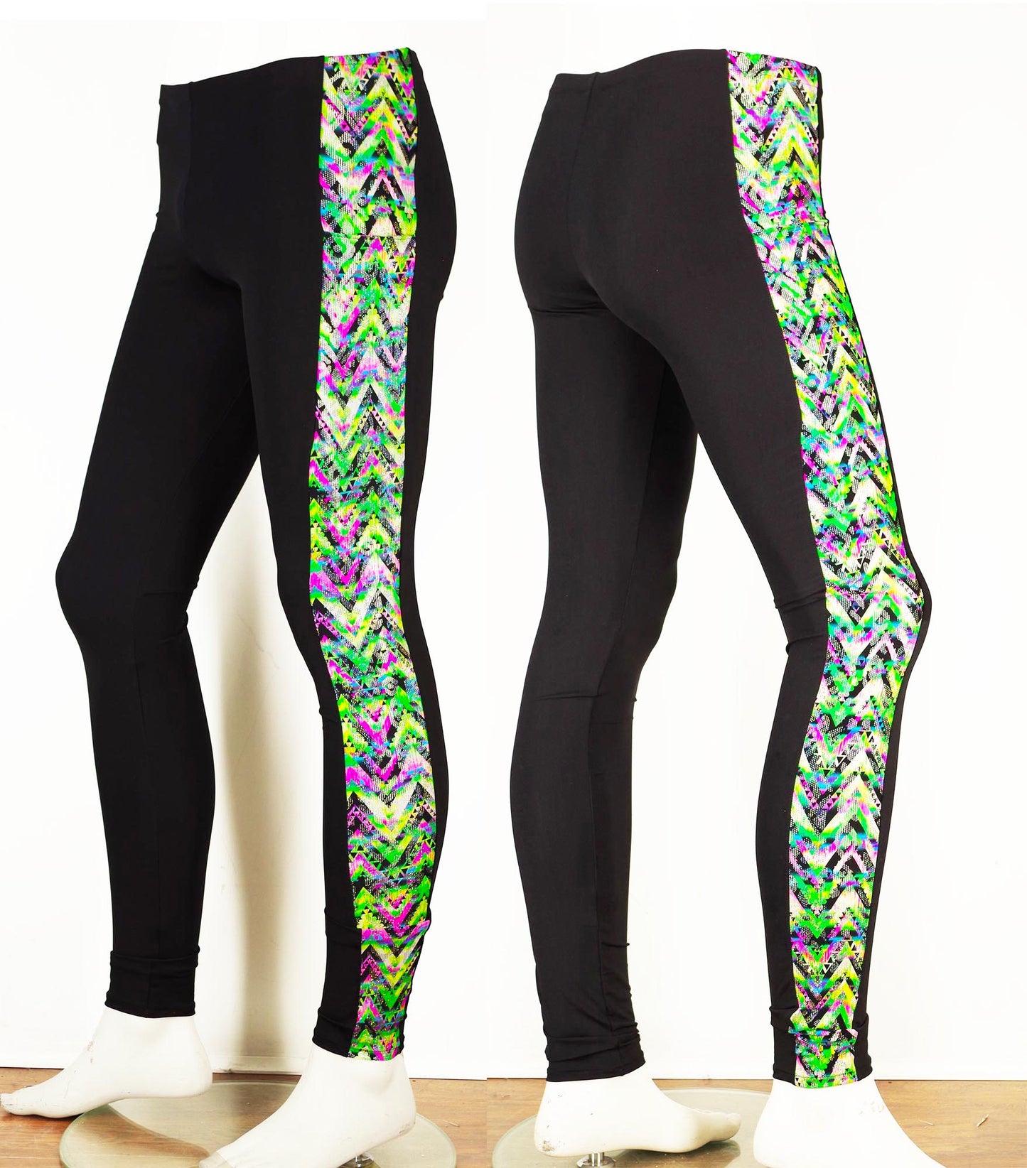Meggings or Mens Running Tights with Retro Neon Green Print Strip and Phone Pocket