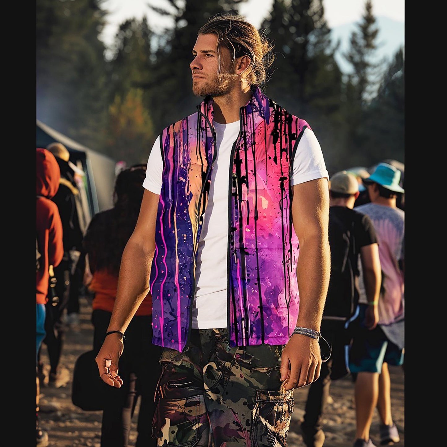 A guy in a mushroom print puffer vest at Shambhala Music Festival in BC.  Tall British Columbia cedar trees can be seen as a backdrop to festival goers