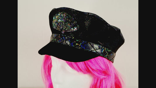 Black Iridescent Hand Fan Soft Captain's Hat