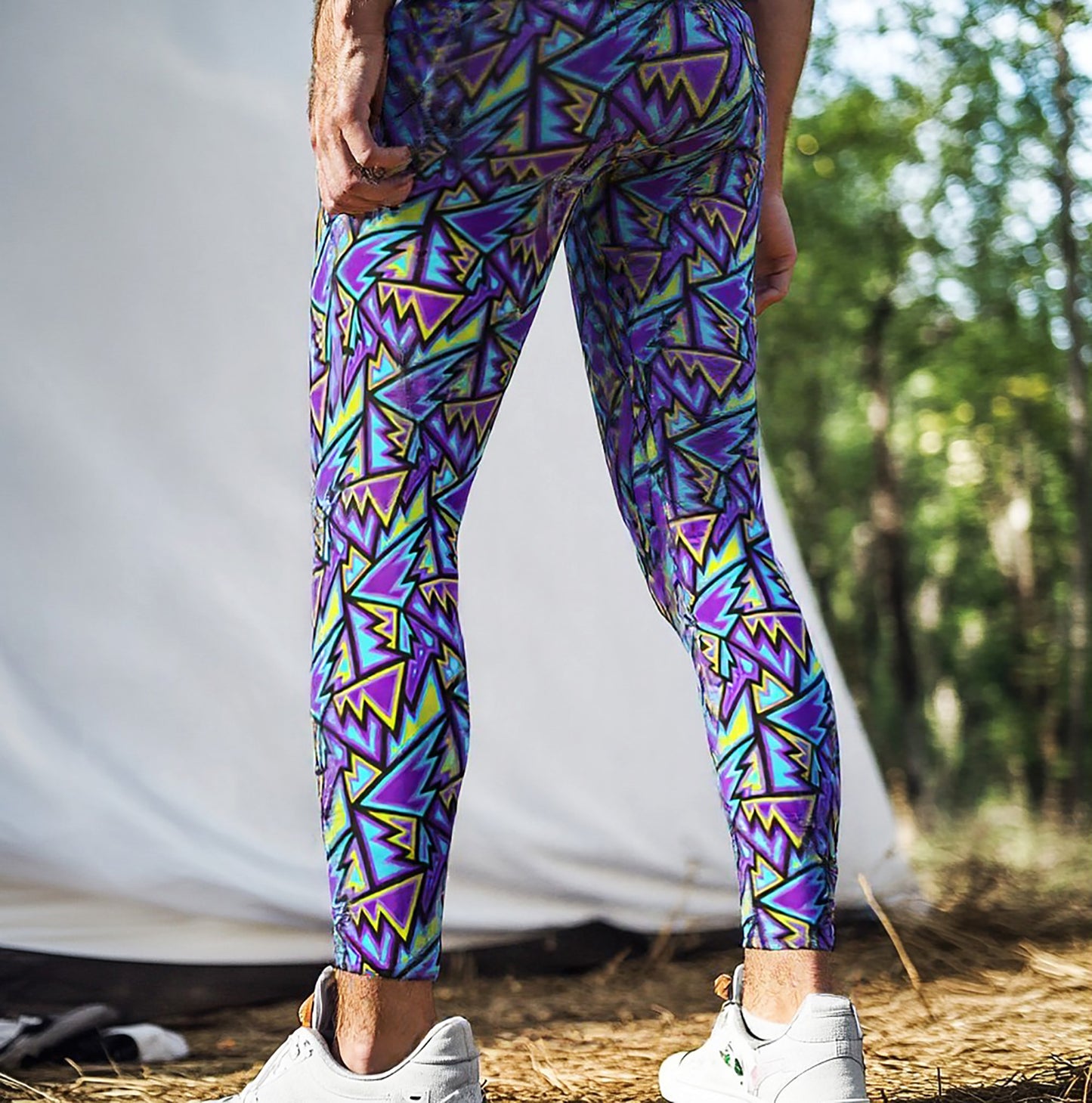 Retro 90s Geometric Print Leggings in Purple and Teal