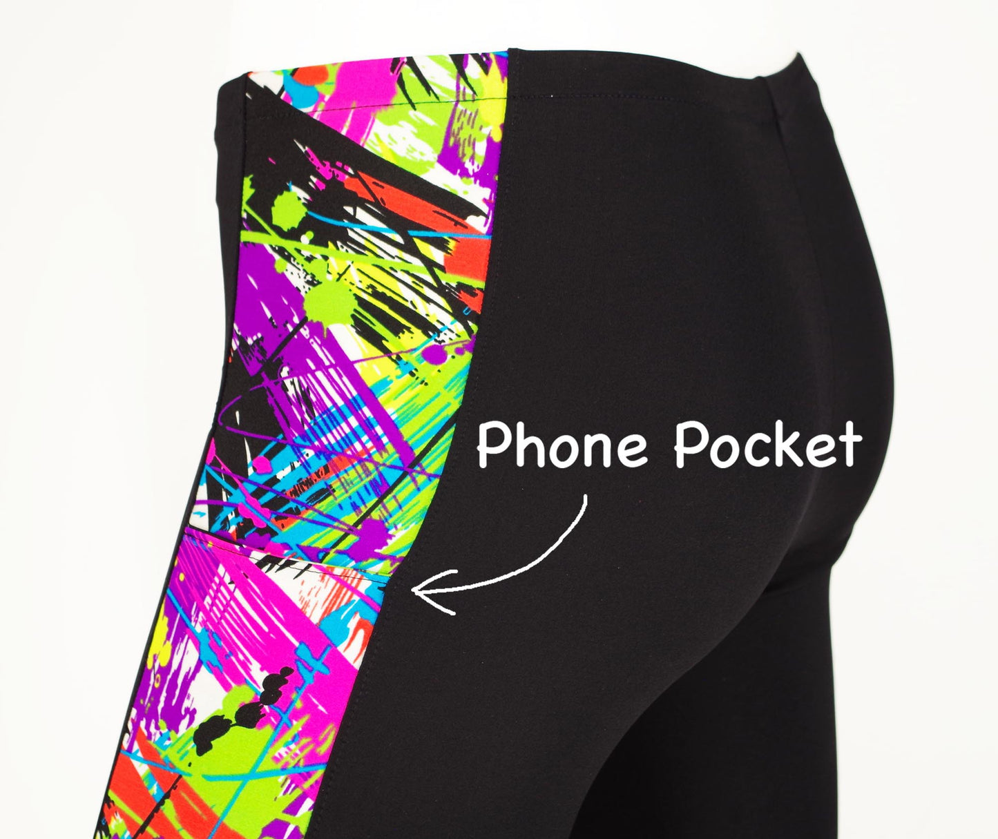 Meggings or Mens Running Tights with 90s Paint Splatter Strip and Phone Pocket