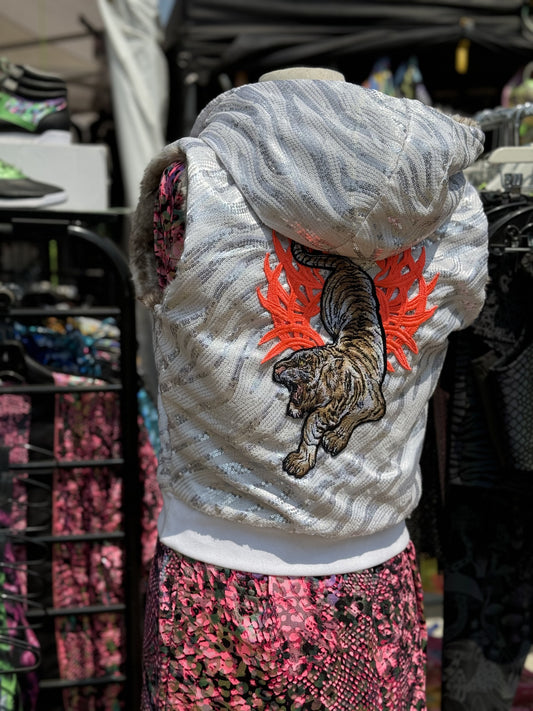 Handmade White Sequin Tiger Vest with Fur Lining