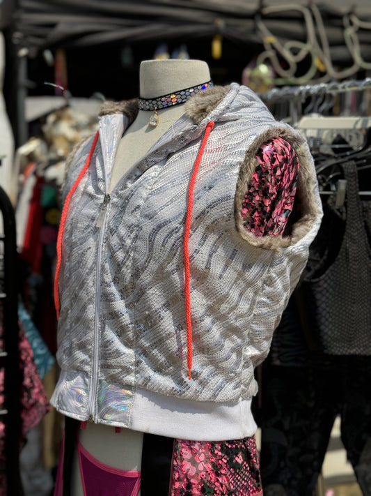 Handmade White Sequin Tiger Vest with Fur Lining