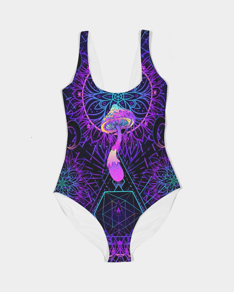 Trippy Mushroom on Sacred Geometry Festival Swimsuit