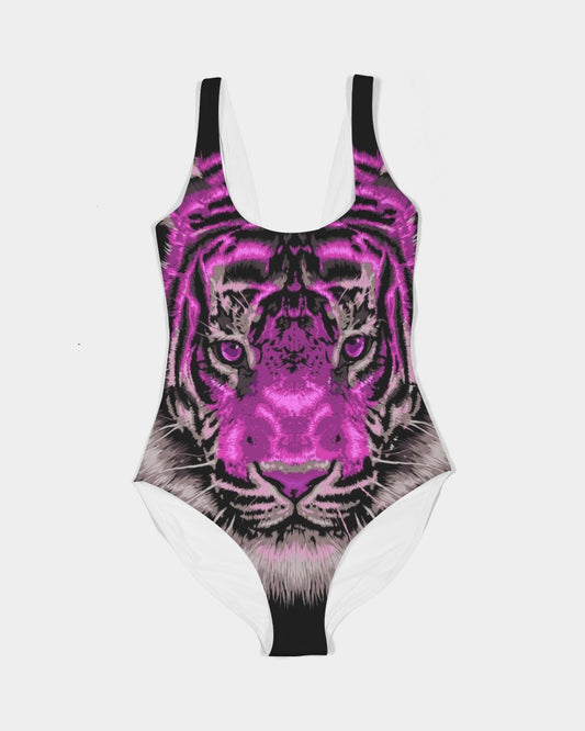 Hot Pink Tiger Face Women's Festival One-Piece Swimsuit
