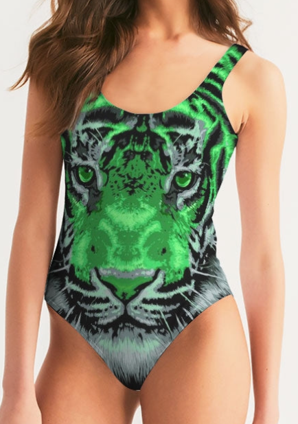Festival One Piece Swimsuit:  Neon Green Tiger Face