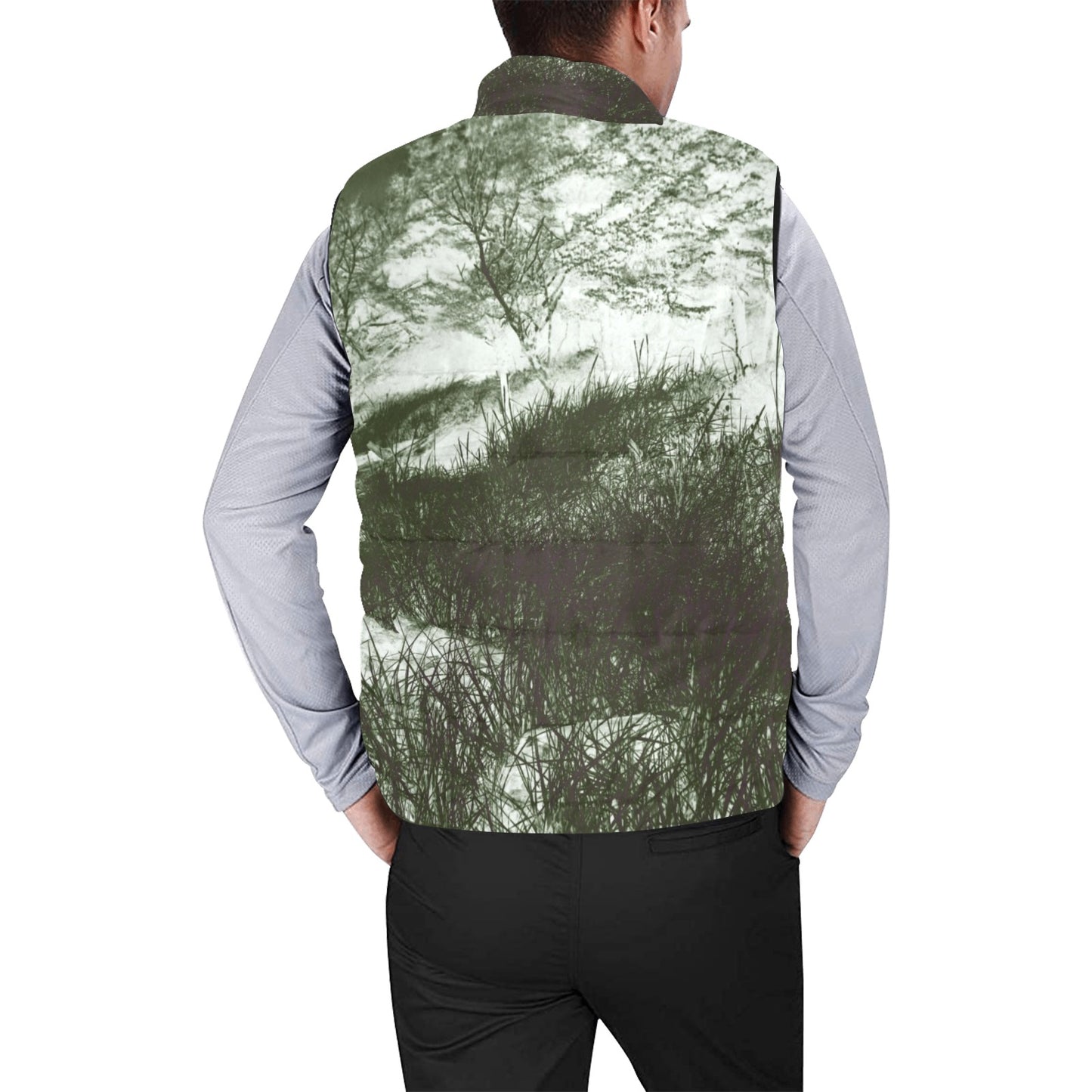 Puffer Vest Mens with Green Tofino Beach Grass Print